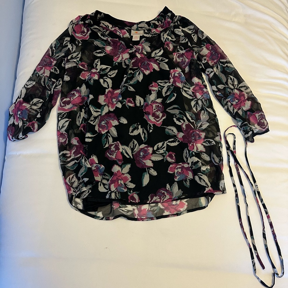 Destination Maternity Black and Pink Flowy Blouse with Waist Tie & Built in Cami